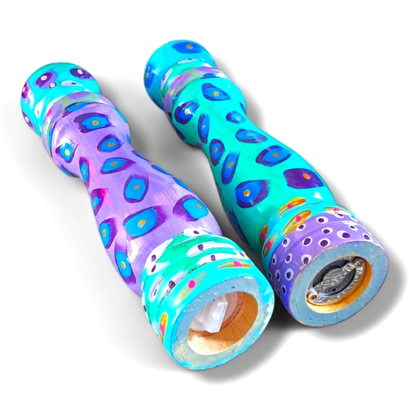 Hand Painted Wooden Salt and Pepper Shakers Blue Purple 10" NEVER USED - Picture 8 of 9